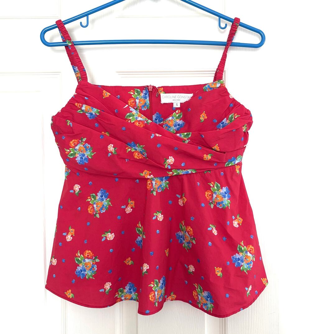 Caroline Constas Blouse Cropped Top Red Floral Cami Peplum Adjustable Size S